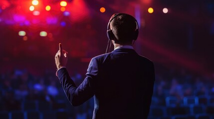 Motivational speaker with headset performing on stage.