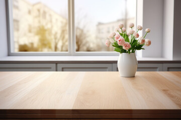 Empty wooden beautiful tabletop on the background of a modern kitchen and window. For mounting a product display or visual design layout.
