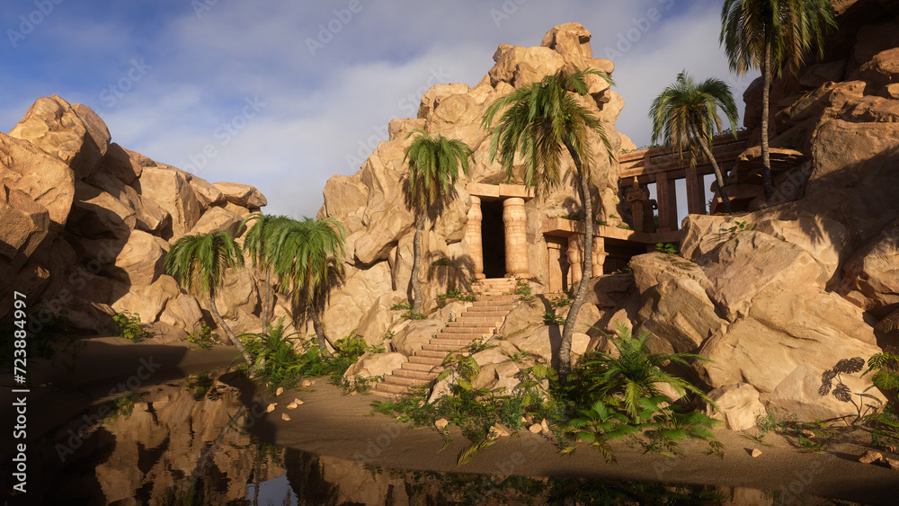 Poster ancient fantasy temple ruin in a mountain landscape with river and palm trees. 3d rendering.