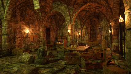 Grungy old medieval castle dungeon interior lit by burning torches and candles. 3D illustration.