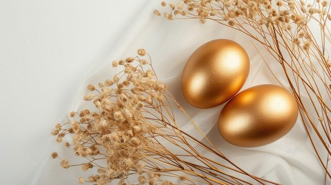 Stylish golden eggs easter concept. Easter gold eggs with golden dried flax linum bunch white background. Flat lay trendy easter.