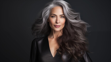 Fabulous woman with gray hair, beautiful female long wavy hair beauty salon, fashion model concept healthy, natural hair