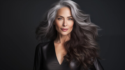 Fototapeta premium Fabulous woman with gray hair, beautiful female long wavy hair beauty salon, fashion model concept healthy, natural hair