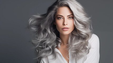Fabulous woman with gray hair, beautiful female long wavy hair beauty salon, fashion model concept healthy, natural hair