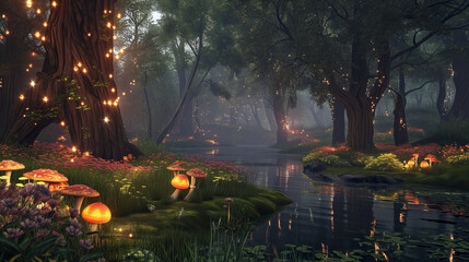 Enchanted Forest with Glowing Mushrooms and Magical Lights.