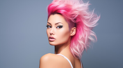 Fabulous woman with pink hair, beautiful female long wavy hair beauty salon, fashion model concept healthy, natural hair
