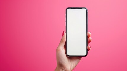Fototapeta na wymiar woman's hand showing big smartphone, white screen empty copy space for advertising banner isolated on pink background, display mock up