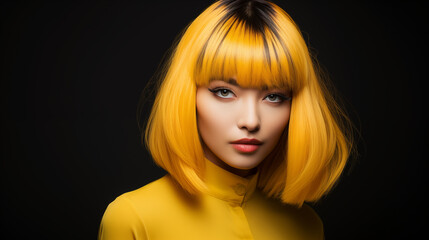 Fototapeta premium Fabulous woman with bright yellow hair, beautiful female long wavy hair beauty salon, fashion model concept healthy, natural hair