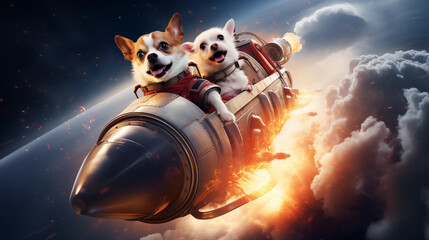 two dogs on a rocket going into space flying through clouds.