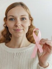 smily women holding a pink ribbon breast cancer