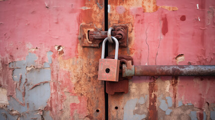 an old rusty padlock attached to two pink metal doors.