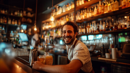 Fototapeta premium Friendly Bar Worker Smiling at Modern Bar.