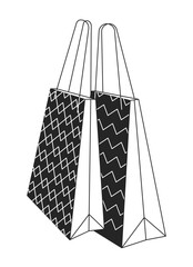 Retail paper bags black and white 2D line cartoon object. Store shopping bags isolated vector outline item. Commercial store shop. Purchasing buying packages monochromatic flat spot illustration