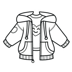 Unbuttoned sports sweatshirt revealing a T-shirt outline for coloring on white background