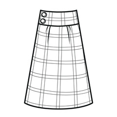 Casual long checkered wool skirt with a wide belt outline for coloring on white background