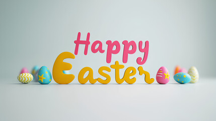 A festive poster with 3D Easter eggs, flowers and text. Spring background.