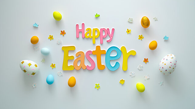 A festive poster with 3D Easter eggs, flowers and text. Spring background.
