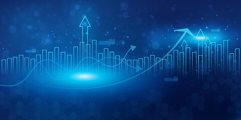 Business growth arrow up digital on blue dark background, investment graph technology circuit to success, financial data technology strategy, market chart profit money, abstract finance background