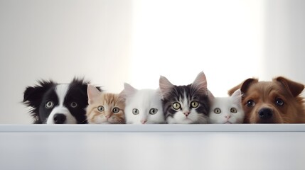 Group of pets in a row looking at the camera on white background.