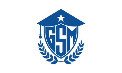 GSM three letter iconic academic logo design vector template. monogram, abstract, school, college, university, graduation cap symbol logo, shield, model, institute, educational, coaching canter, tech