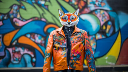 Visualize a suave fox in a leather bomber jacket, adorned with silver studs and a chain necklace. Against a backdrop of city graffiti, it exudes urban coolness and streetwise charm. The vibe: edgy and