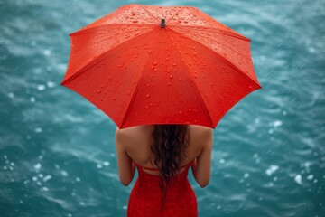 Tranquil seascape background with slender woman holding red umbrella