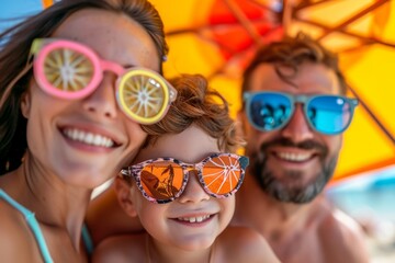 Cheerful family enjoying a sunny day at the beach, with kids wearing colorful, sun-protective sunglasses, expressing happiness and warmth.