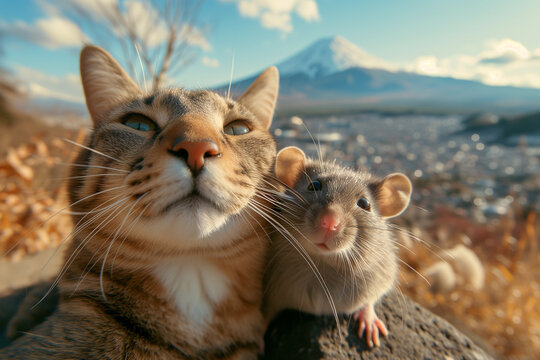 Couple tabby cat and a rat taking a selfie photo together with Mount Fuji while travelling in Japan