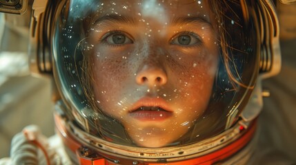 Surprised little girl wearing an astronaut spacesuit and peering through the space helmet glass with wonder and curiosity, imagining space exploration and adventure.