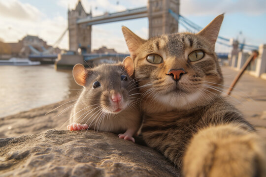 Couple tabby cat and a rat taking a selfie photo together while travelling at London Bridge, England