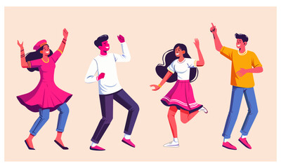 Set of people celebrating win or goal achievement. Happy team or group of friends with hands up. Concept of victory and success. Vector illustration