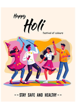 Happy Holi. 4 people celebrating holi festival vector art 