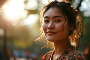 Fototapeta premium Lifestyle female summer portrait, smiling Asian woman on a sunny day in the park