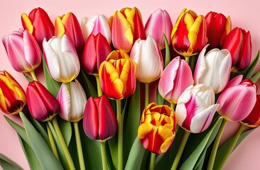 Top view photo of fresh flowers colorful tulips. Colorful tulip flowers decoration.