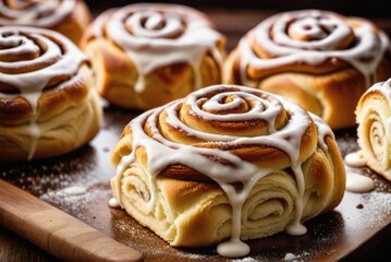 Cinnamon rolls, similar to the Swedish kanelbulle, made with buttery dough and flavored by ai generated