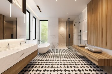 Contemporary bathroom featuring bold, graphic floor tiles.