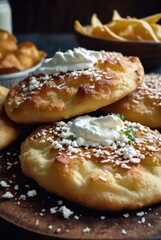 Naklejka na ściany i meble Deep-fried bread made from dough, often served with garlic, sour cream, cheese by ai generated