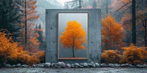 Solo Tree Captured within Concrete Frame in Autumn.