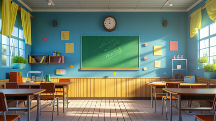 classroom interior with clean desks, green chalkboard, and sunny window, ready for students.
