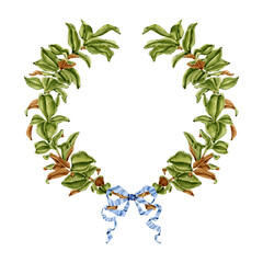 Fototapeta premium Watercolor magnolia wreath with bow Illustration