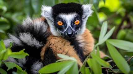 Naklejka premium A cute black and white ruffed lemur with orange eyes is sitting on a tree branch