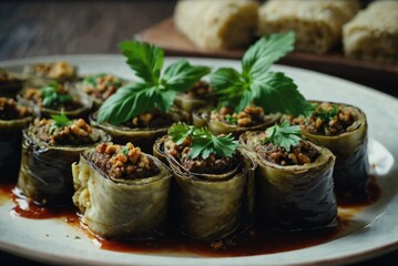 Eggplant rolls stuffed with a walnut paste, garlic, and herbs, often served as an appetizer by ai generated