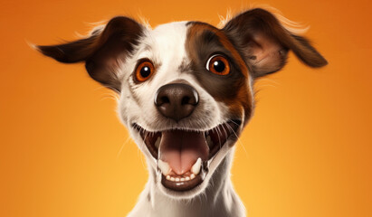 Studio Portrait of Funny and Excited Dog on Orange Background with Shocked or Surprised Expression and Open Mouth