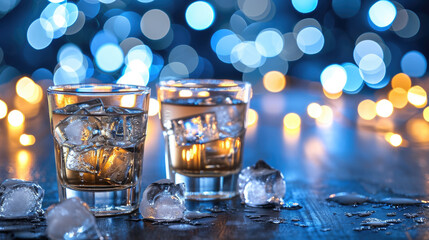 Two glasses of water with ice cubes on table. Suitable for beverage, refreshment, or hydration concepts