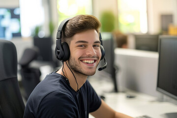 Happy young male customer support executive working in office. Theyve got the answers youre looking for. Cropped shot of a handsome young man working in a call center with a colleague 