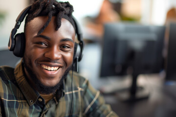 Happy young male customer support executive working in office. Theyve got the answers youre looking for. Cropped shot of a handsome young man working in a call center with a colleague  - obrazy, fototapety, plakaty