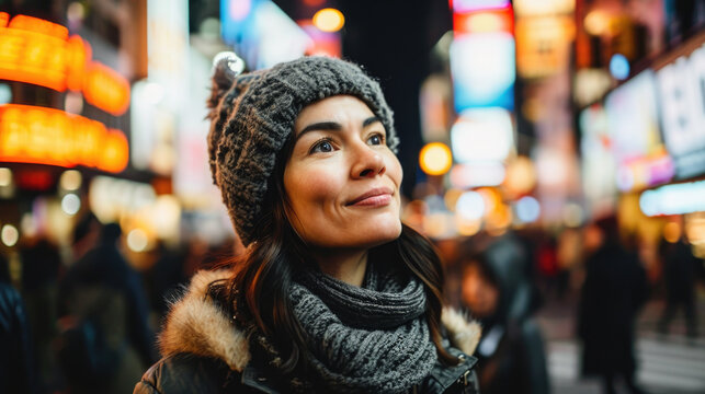 Woman is pictured wearing hat and scarf in bustling city. This image can be used to depict urban fashion, winter attire, or stylish city dweller.