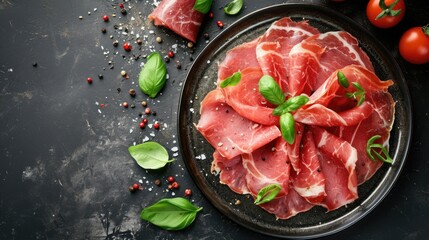 Sliced cured prosciutto with basil leaves on a rustic dark surface