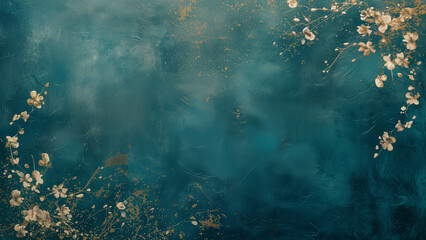 Fototapeta premium Teal Tranquility: Fine Art Texture Overlay with Golden Floral Accents