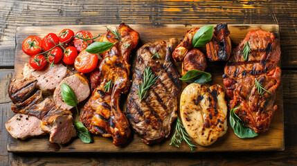 Wooden cutting board with variety of fresh meat and colorful vegetables. Perfect for food preparation and cooking inspiration